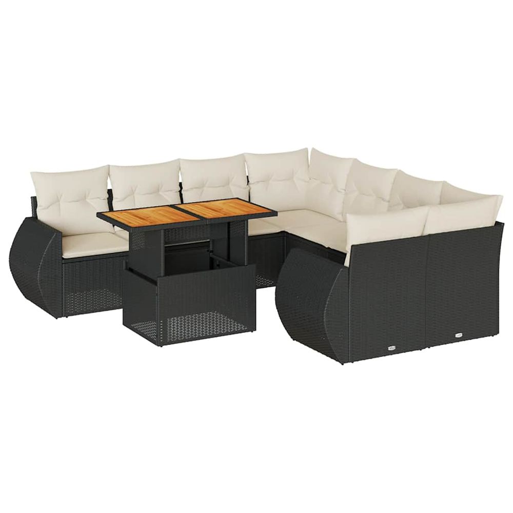 Salon de jardin 9 pcs avec coussins noir résine tressée