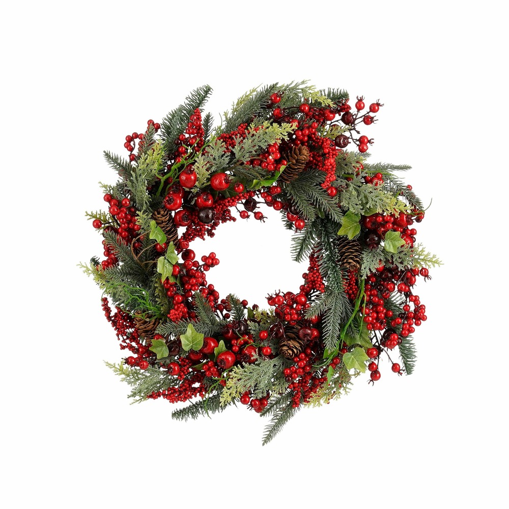 Mica decorations norah couronne de noël artificielle avec pommes de pin - h13 x ø50 cm - rouge