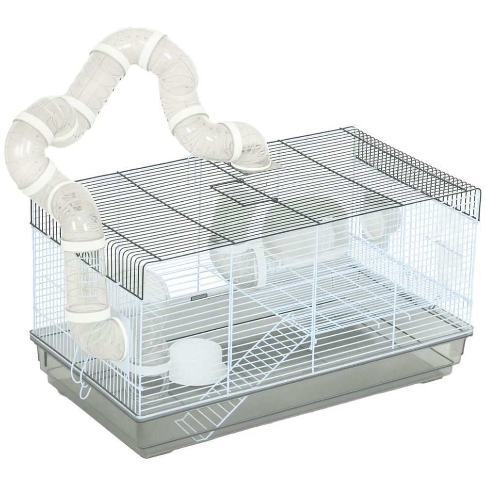 Cage hamster fil acier pour petits rongeurs avec tunnel et accessoires 58x32x31cm gris