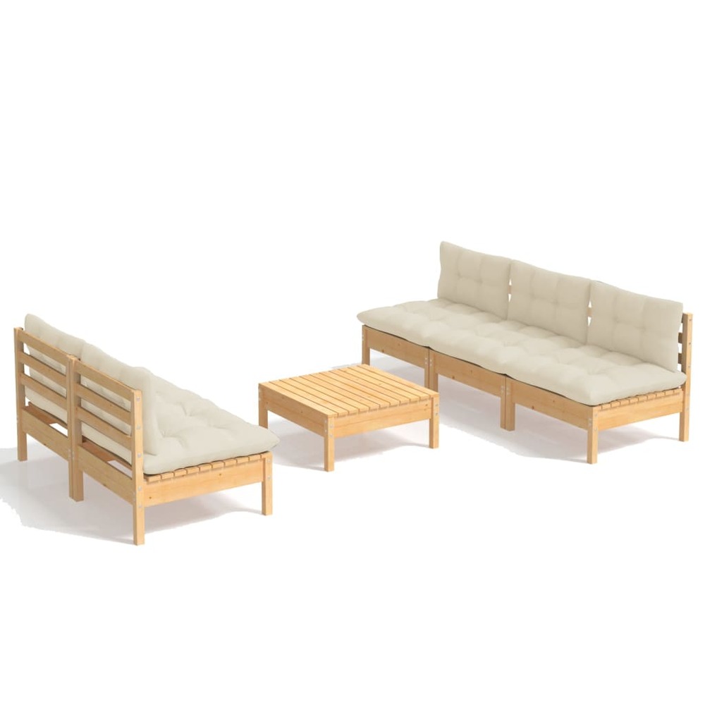Salon de jardin meuble d'extérieur ensemble de mobilier 6 pièces avec coussins crème bois de pin