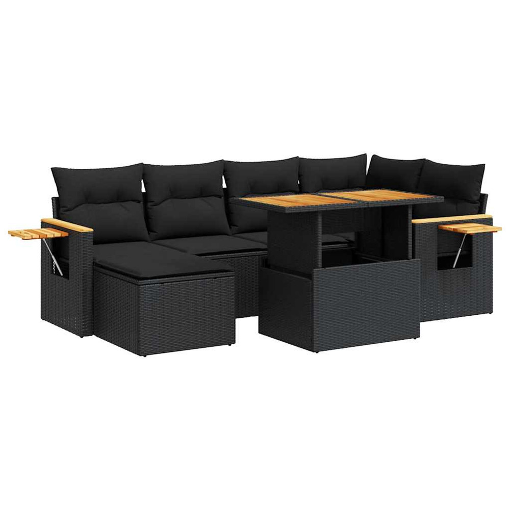 Salon de jardin avec coussins 7 pcs noir résine tressée acacia