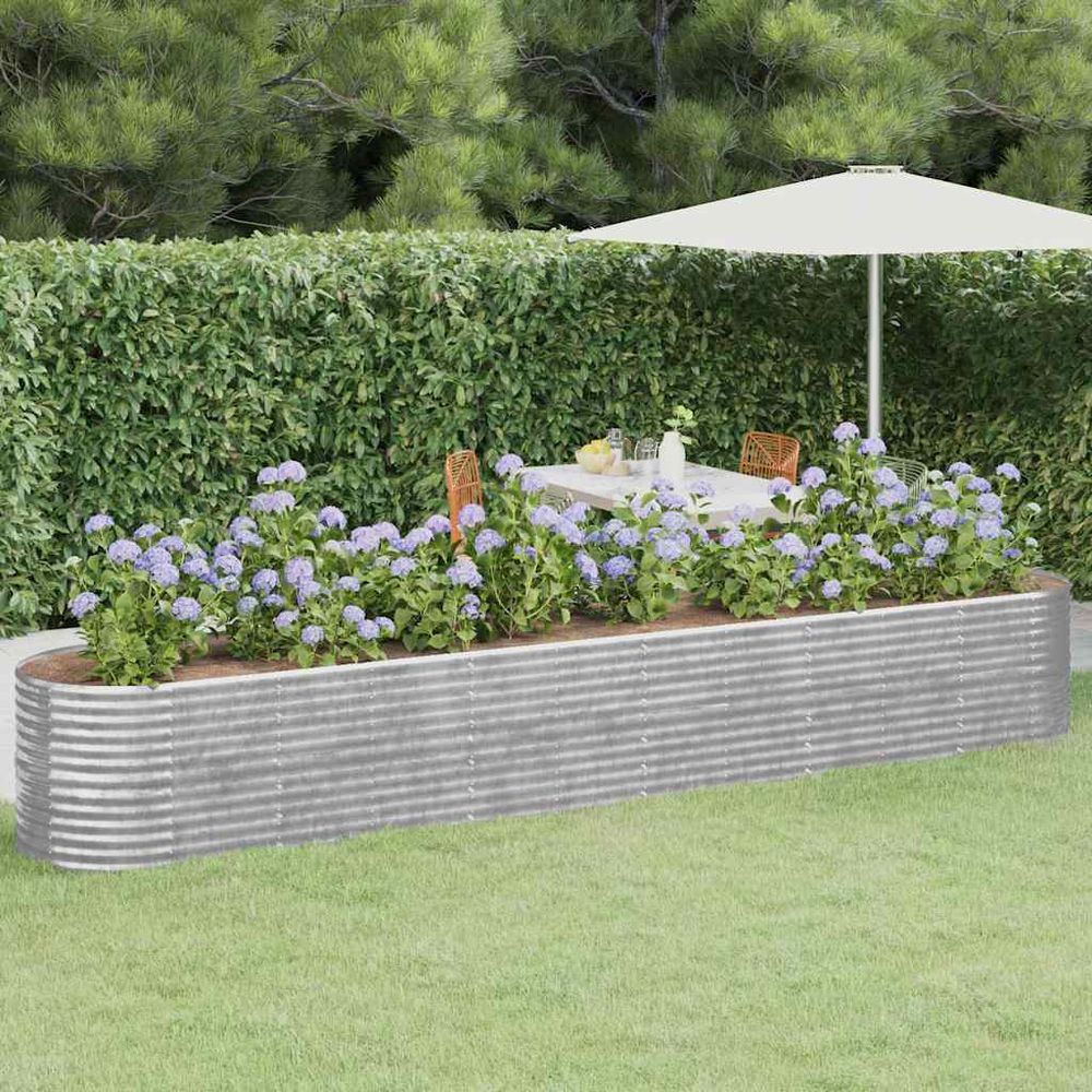 Longue jardinière ovale acier galvanisé résistant pour bordure fleurie ou légumes argent 440x80x68cm