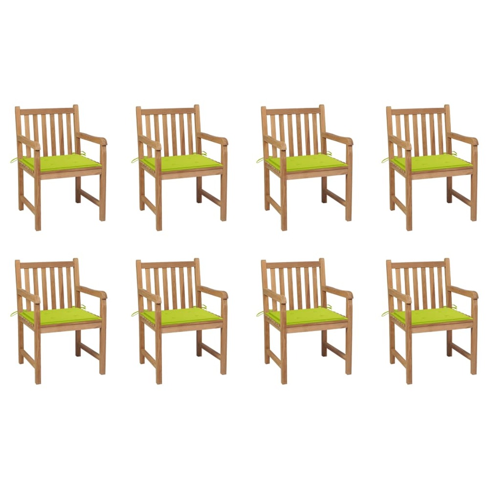 Chaises de jardin 8 pcs avec coussins vert vif bois de teck