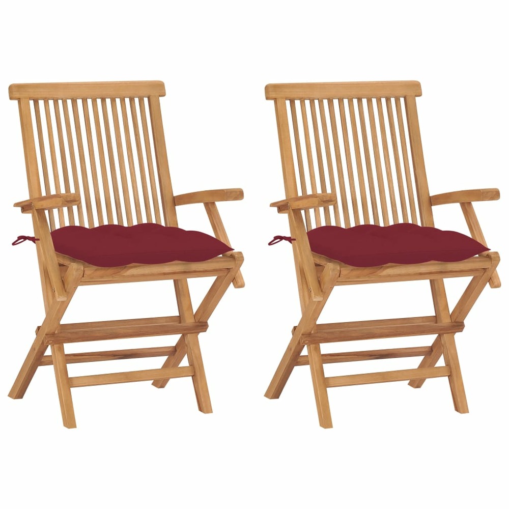 Chaises de jardin avec coussins rouge bordeaux 2pcs teck massif