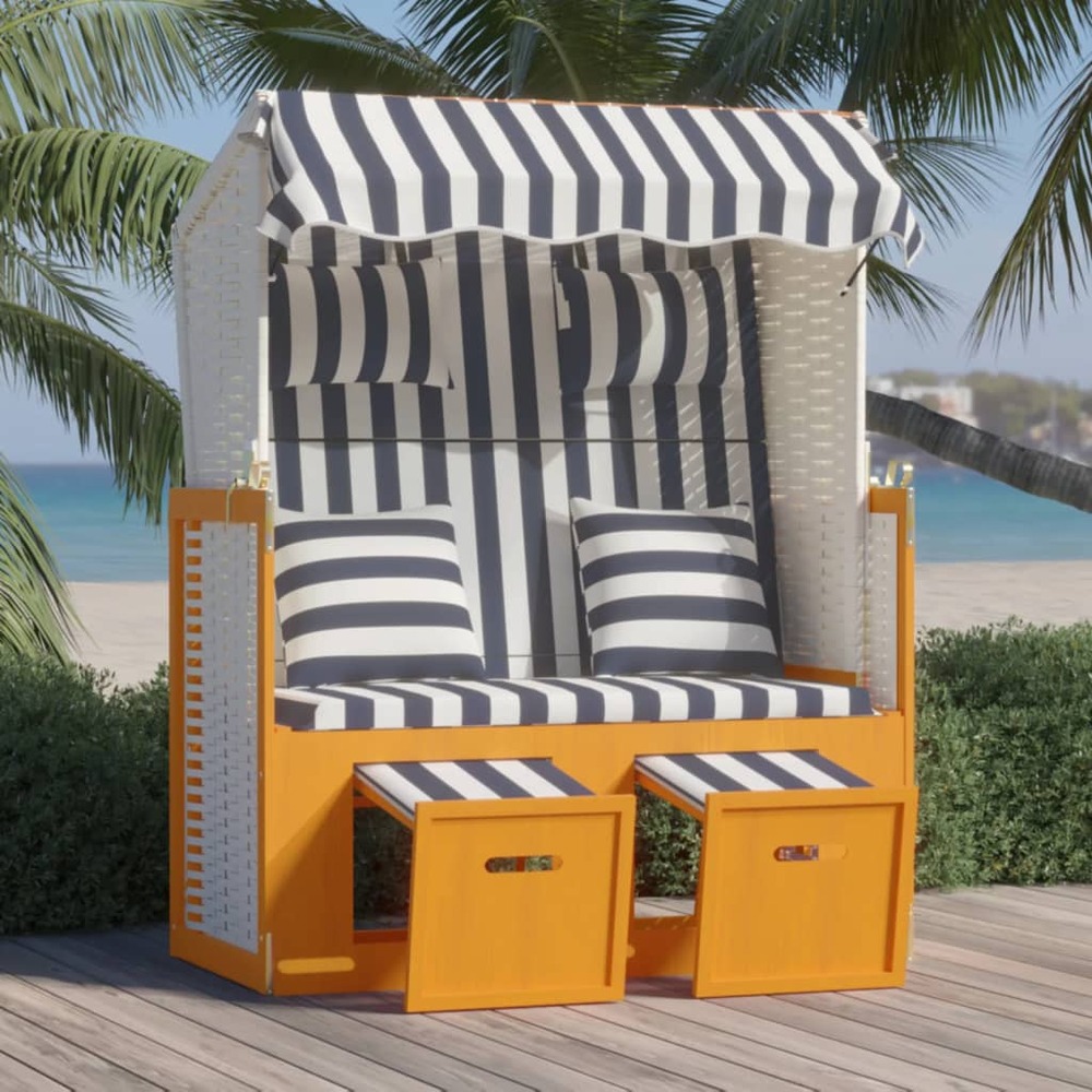 Strandkorb avec coussins résine tressée bois solide blanc bleu