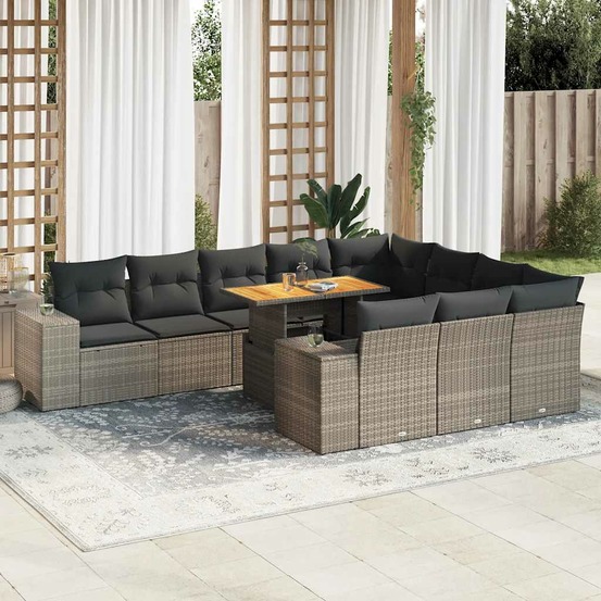Salon de jardin avec coussins 10 pcs gris résine tressée acacia