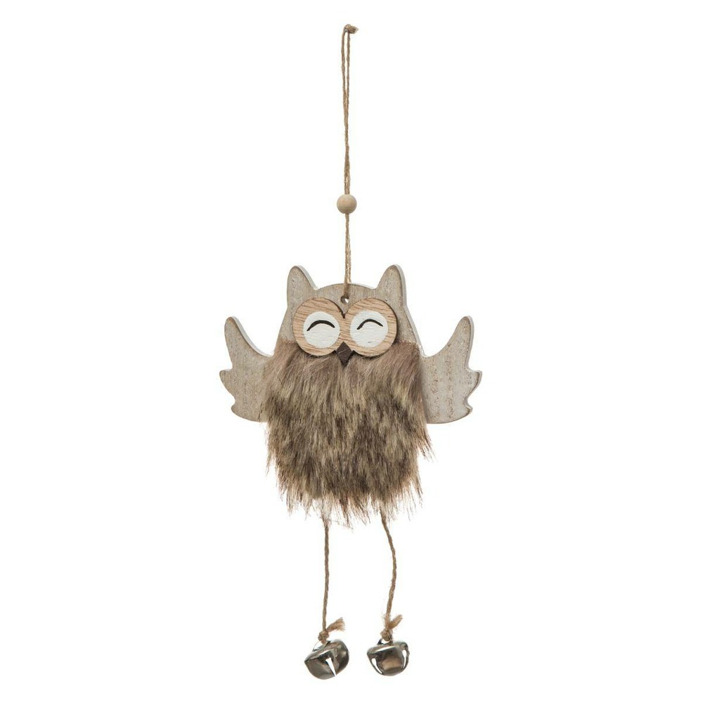 Suspension de noël bois hibou fourrure grelot
