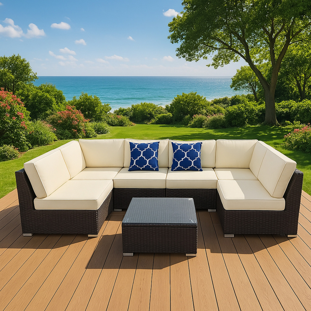 Salon de jardin modulable 6 places en résine tressée - marron et beige aldabra