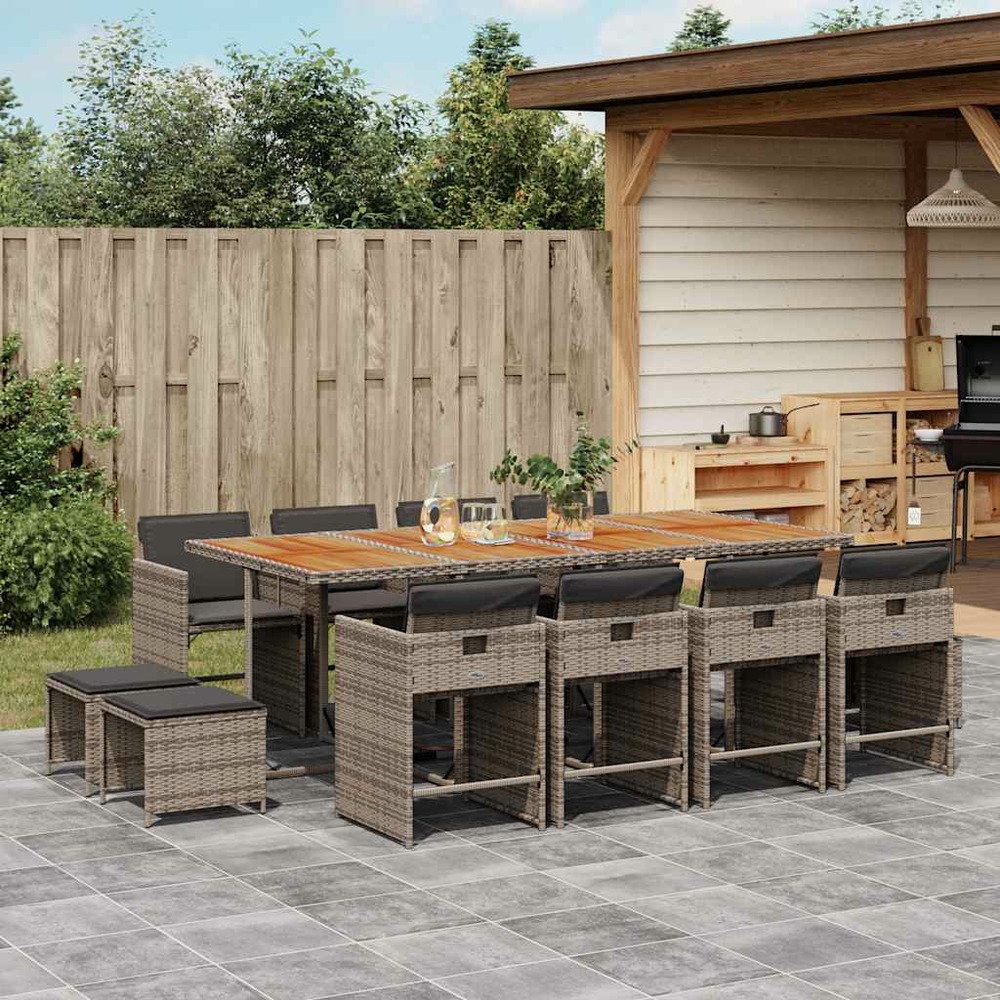 Ensemble à manger de jardin coussins 13 pcs gris résine tressée