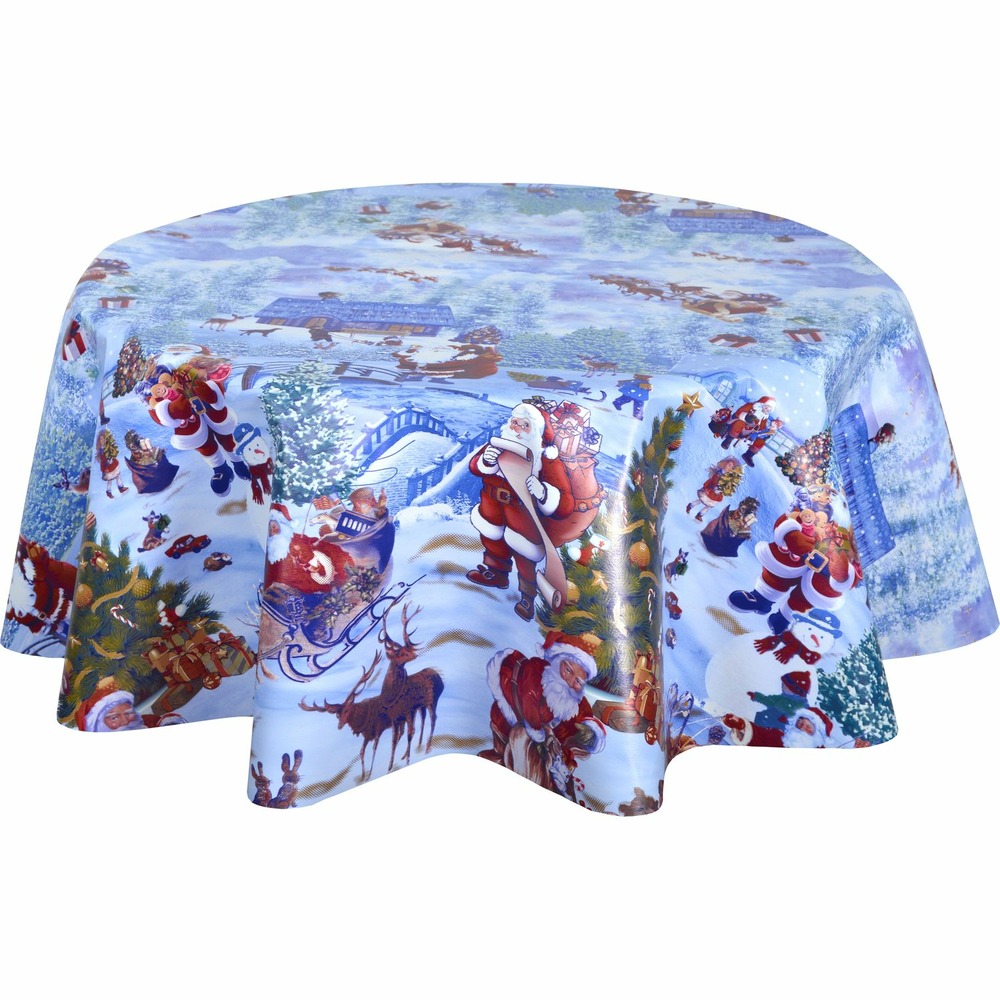 Nappe en toile cirée ronde neige - diam. 135 cm - bleu