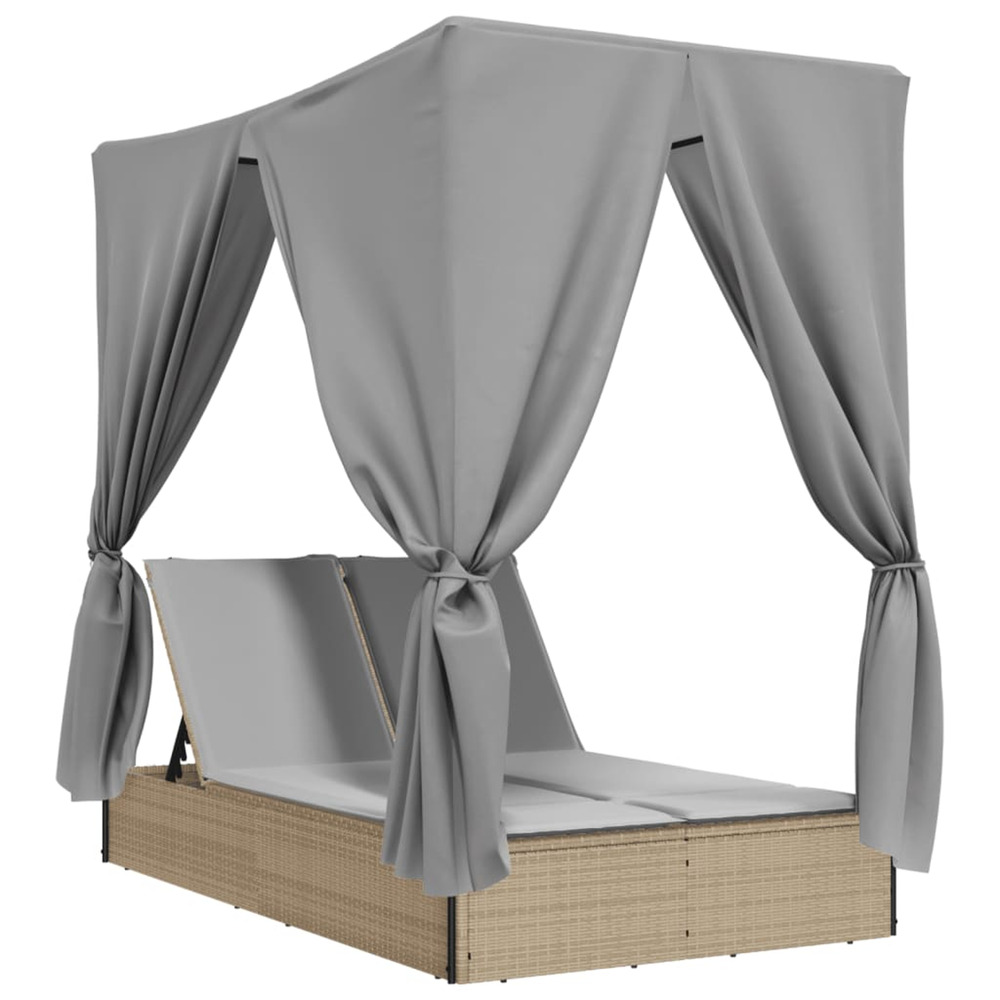 Chaise longue double avec toit et rideaux beige résine tressée bain de soleil