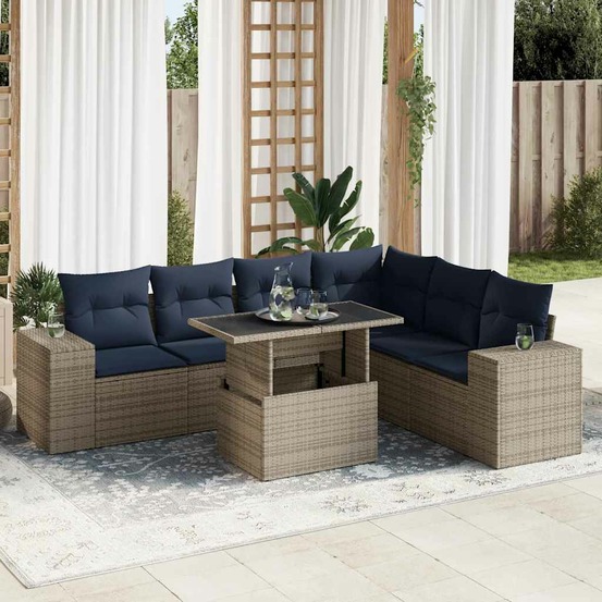 Salon de jardin avec coussins 7 pcs gris résine tressée acacia