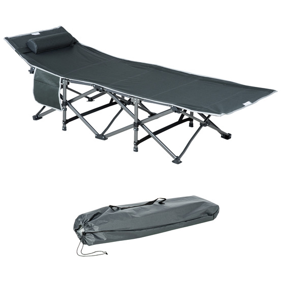 Transat pliant avec appui-tête et poche latérale, en métal et tissu oxford, gris
