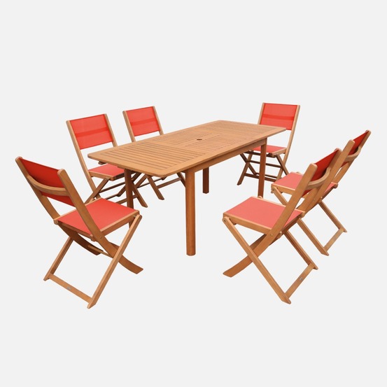 Table de jardin extensible bois d'eucalyptus + 6 assises 120/180cm - arbo + almeria