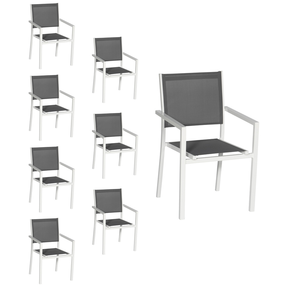 Lot de 8 chaises en aluminium blanc - textilène gris