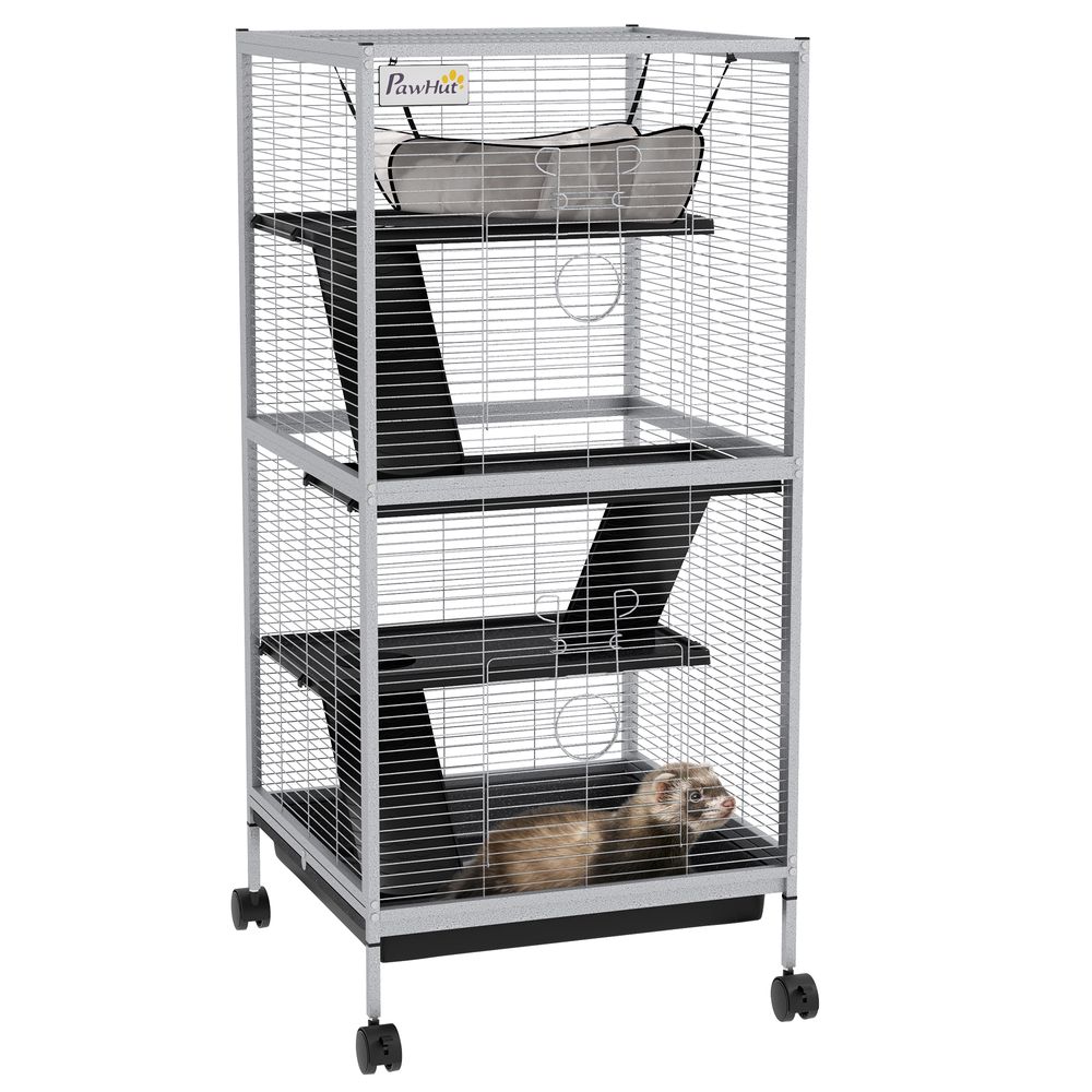 Cage rongeur métal pour furet et chinchilla 4 niveaux sur roulettes 52x113cm gris clair