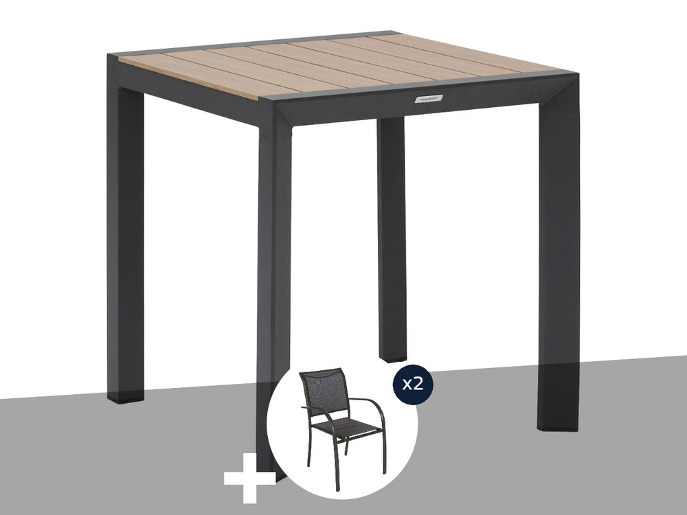 Table de jardin carrée alu evasion 2 places effet bois + 2 fauteuils piazza