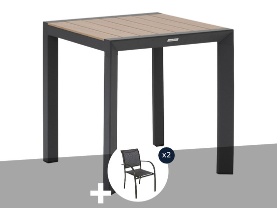 Table de jardin carrée alu evasion 2 places effet bois + 2 fauteuils piazza