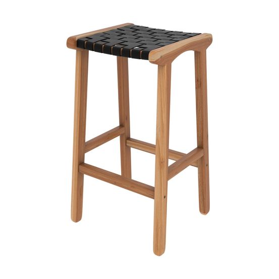 Kuna-tabouret pour îlot central 68 cm en teck et cuir tressé noir