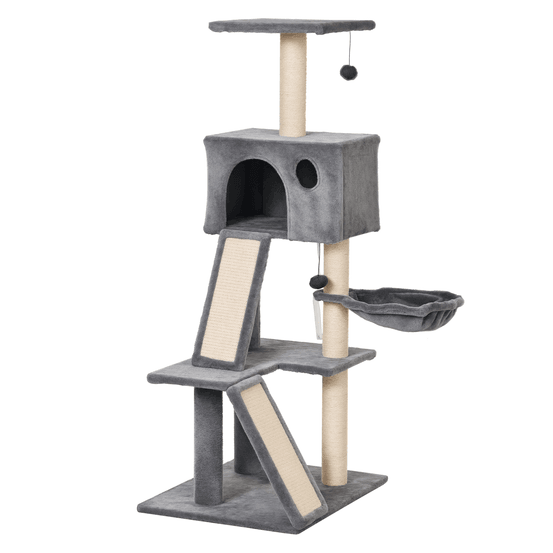Tour d'activités pour chats en sisal pour repos avec niche et hamac 60x49x130cm gris