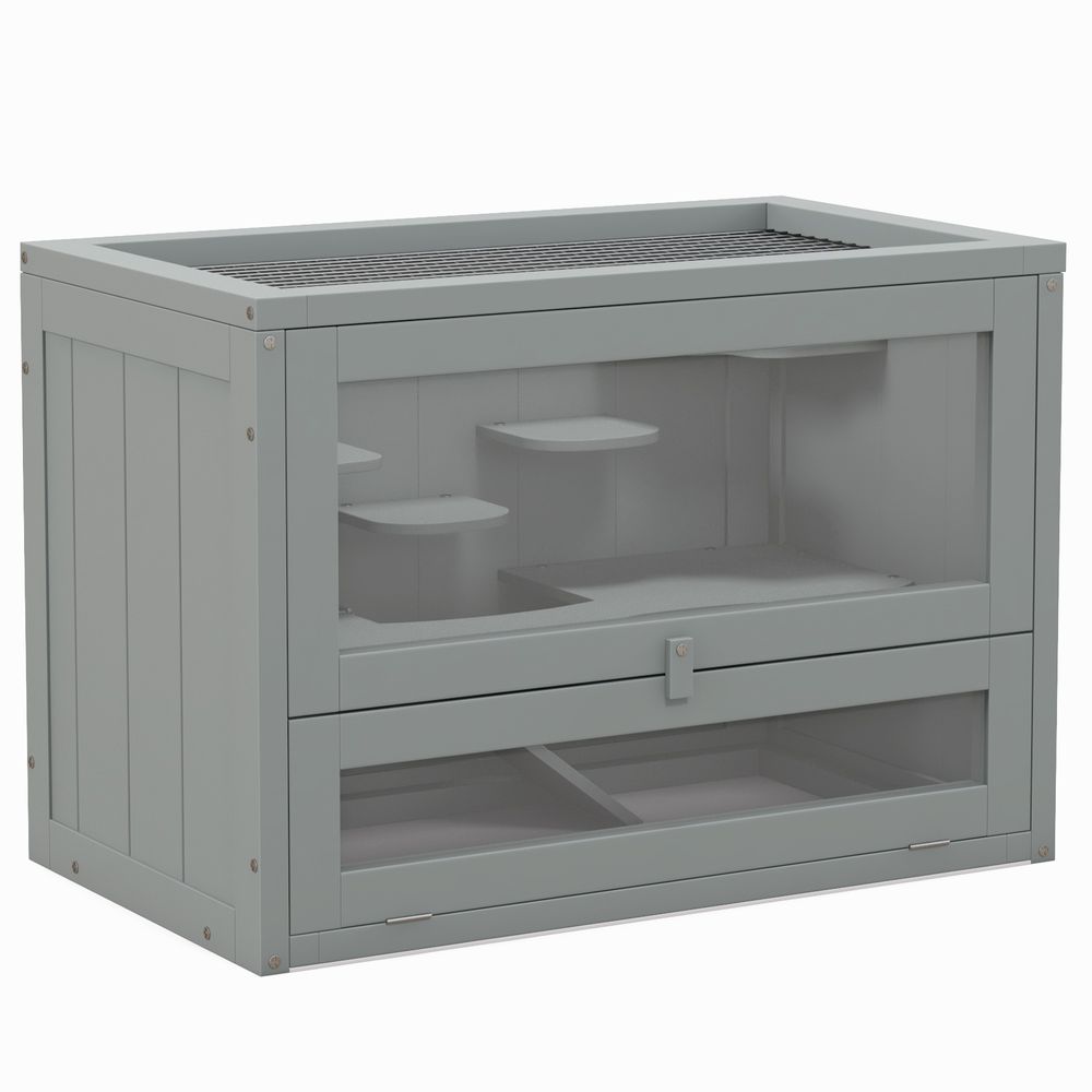 Cage hamster souris bois de sapin plateformes et toit ouvrant 60x42cm gris
