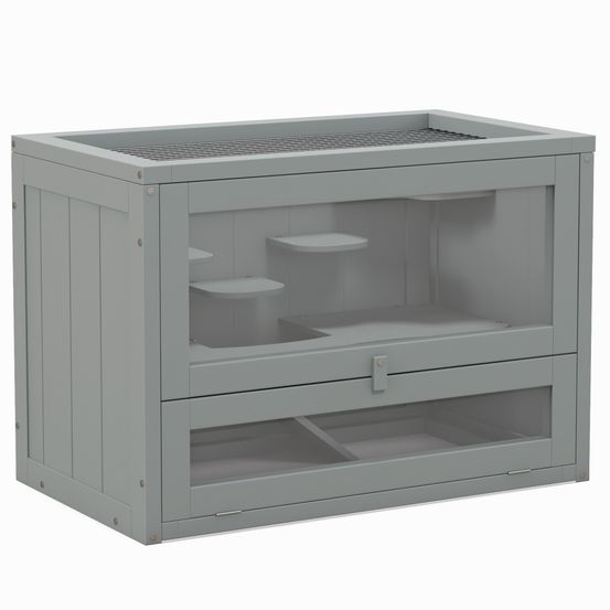 Cage hamster souris bois de sapin plateformes et toit ouvrant 60x42cm gris