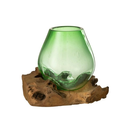 Vase sur pied bois en verre recyclé vert 23x19x19 cm