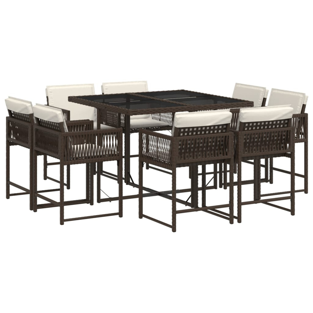 Ensemble à manger de jardin et coussins 9 pcs marron poly rotin