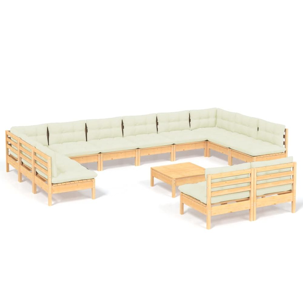 Salon de jardin 13 pcs avec coussins crème bois de pin solide