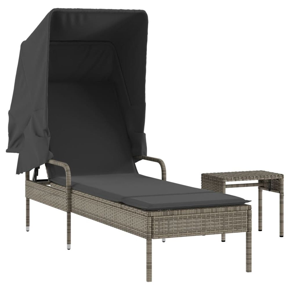 Chaise longue avec auvent et table gris résine tressée bain de soleil