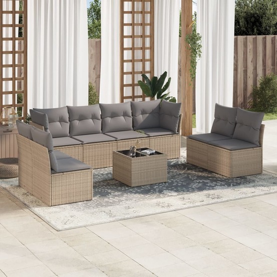 Salon de jardin avec coussins 9 pcs beige résine tressée