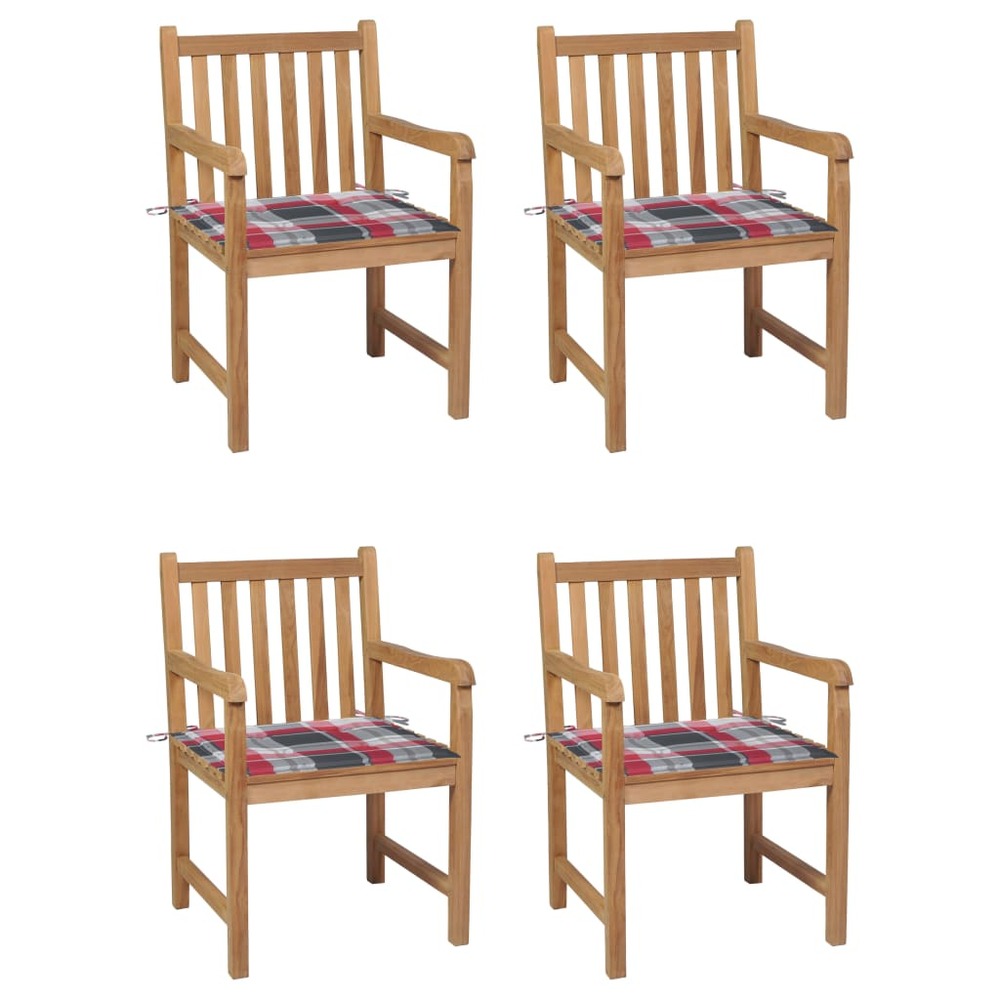 Chaises de jardin lot de 4 et coussins à carreaux rouge teck