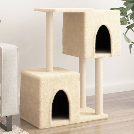 Arbre à chat 86 cm en sisal et peluche avec 2 niches pour jeu et repos crème