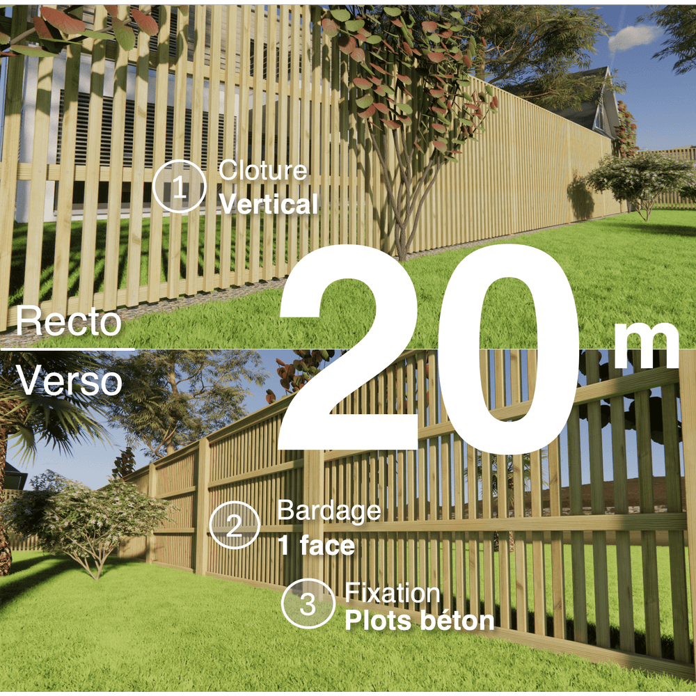 Kit clôture bois moderne 20m – h 1,9m – 45 x 45 mm autoclave – pose vertical – simple face – à sceller