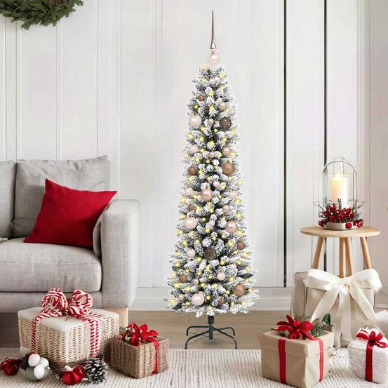 Arbre de noël moderne conique blanc 150 cm, pack déco complet 150 led et boules