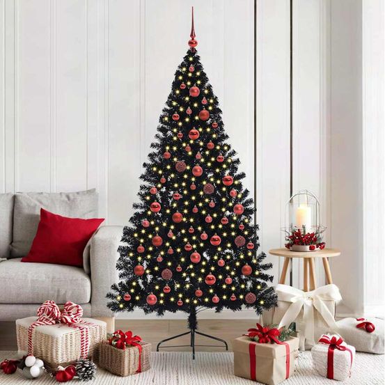 Sapin de noël conique noir 180 cm lumineux, pack déco avec 120 boules & guirlande 300 led
