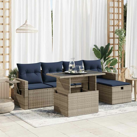 Salon de jardin avec coussins 6pcs gris résine tressée acacia
