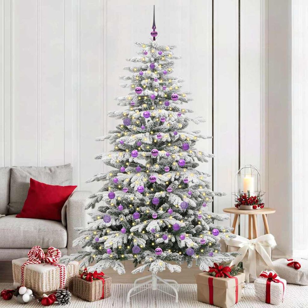 Sapin de noël blanc design 210 cm, décoration complète avec led et 120 boules