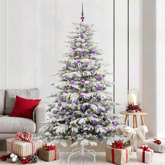 Sapin de noël blanc design 210 cm, décoration complète avec led et 120 boules