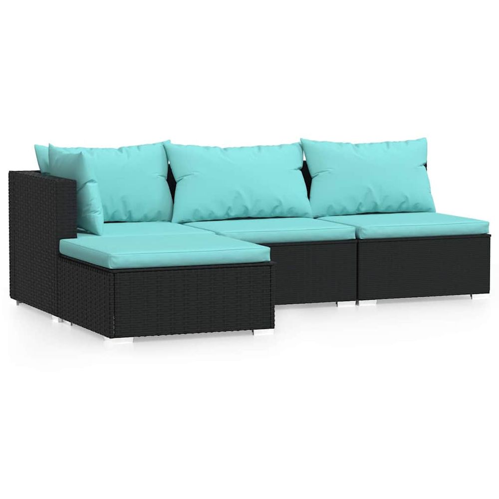 Salon de jardin 4 pcs avec coussins noir résine tressée