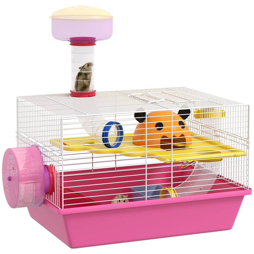 Cage hamster naine acier et pp avec tour d'observation et roue 34x27x25cm rose
