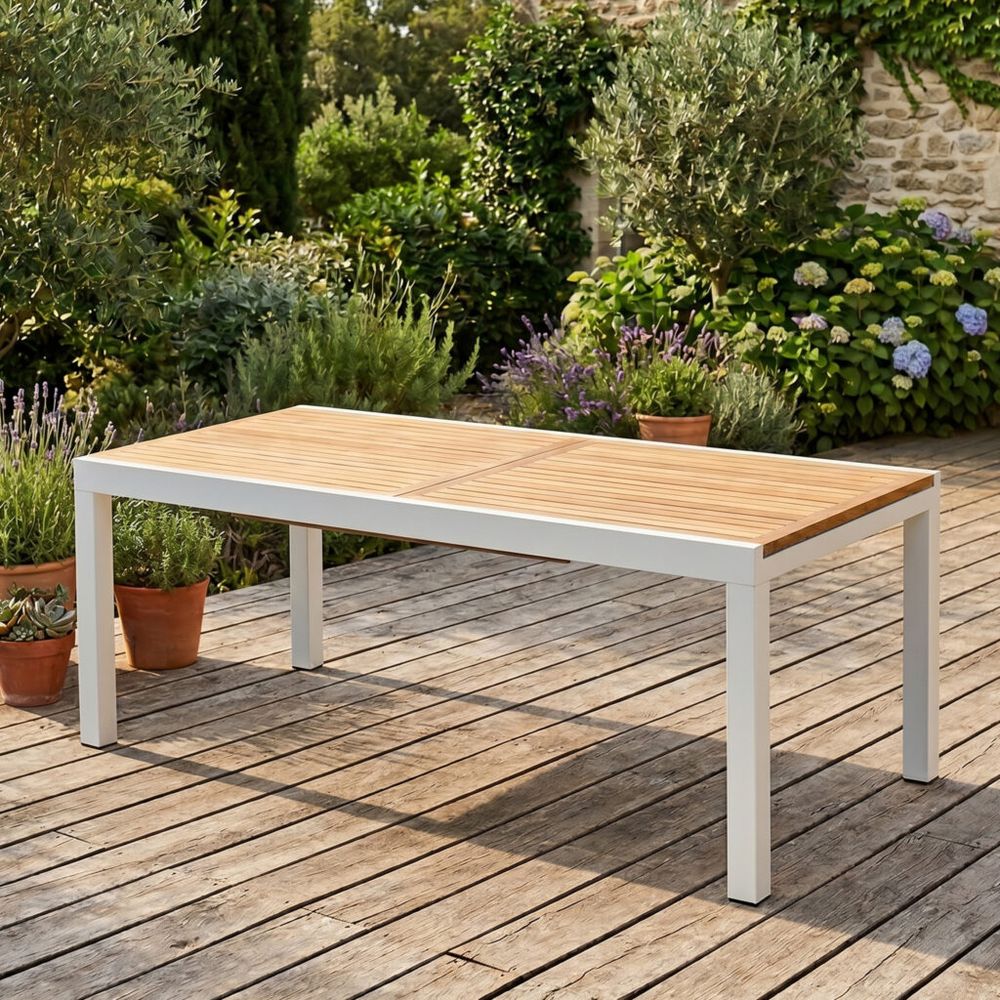 Table de jardin aluminium teck blanc 8/12p extensible baliteck