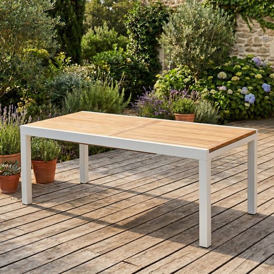 Table de jardin aluminium teck blanc 8/12p extensible baliteck