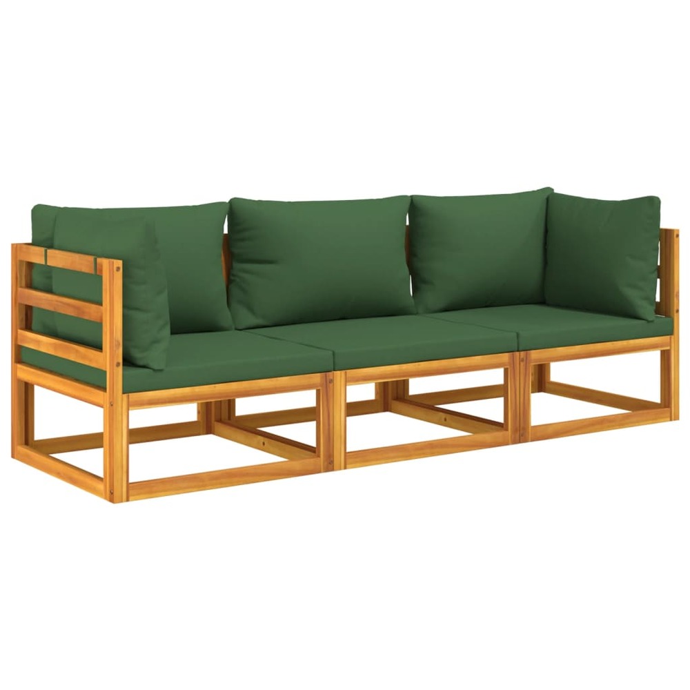 Salon de jardin meuble d'extérieur ensemble de mobilier 3 pièces avec coussins vert bois massif
