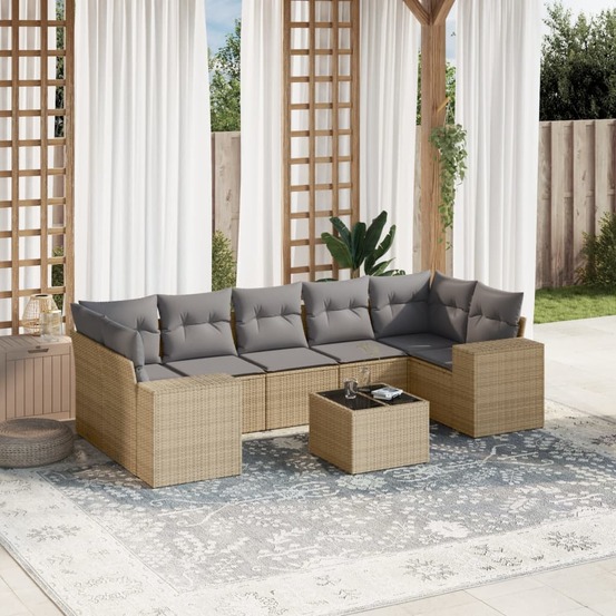 Salon de jardin avec coussins 8 pcs beige résine tressée