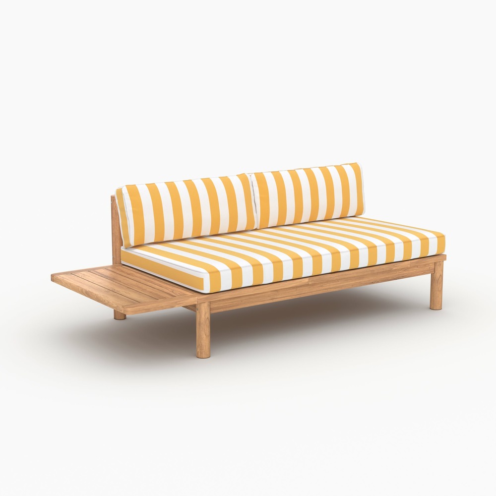 Nadila-canapé de jardin en teck massif et coussins rayés jaunes 2 places
