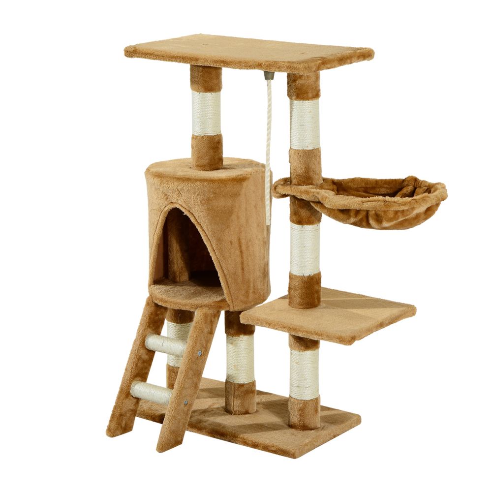 Arbre à chat compact en peluche avec niche plateformes et corde de jeu 95 cm marron