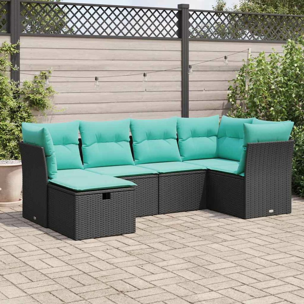 Salon de jardin 6 pcs avec coussins noir résine tressée