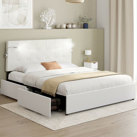 Lit double mael 140 x 190 cm avec tête de lit capitonnée pvc blanc liseuses intégrées et sommier et 2 tiroirs sur roulettes