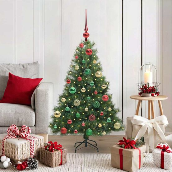 Sapin de noël prêt à décorer 120 cm vert, avec guirlande led 30m et 61 boules
